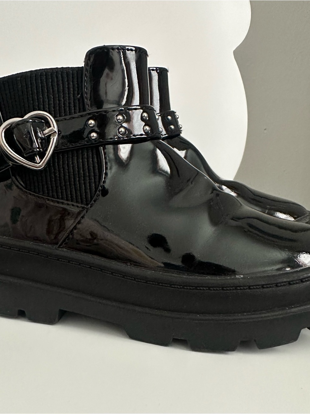 cupcakes & cashmere Black Patent Chelsea Boots with Heart Buckle